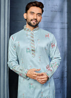 Prazu Fashion Light Sky Blue Soft Silk Multi Thread Embroidery Deer Pattern Daaman Concept Kurta | Grocsy