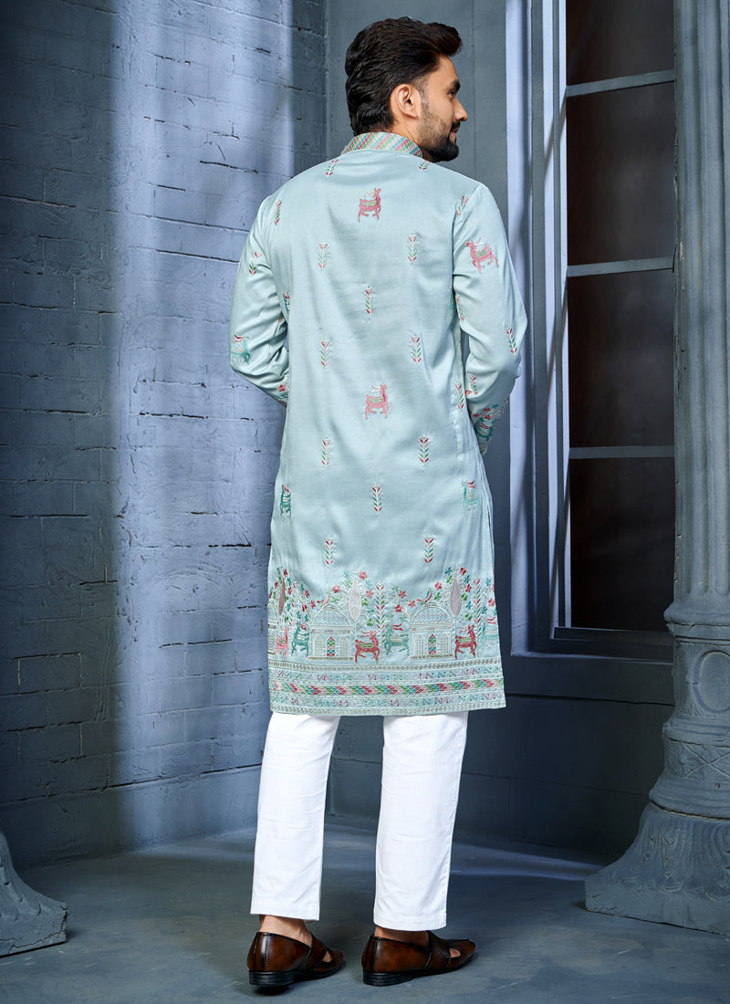Prazu Fashion Light Sky Blue Soft Silk Multi Thread Embroidery Deer Pattern Daaman Concept Kurta | Grocsy