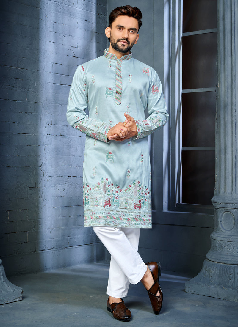 Prazu Fashion Light Sky Blue Soft Silk Multi Thread Embroidery Deer Pattern Daaman Concept Kurta | Grocsy