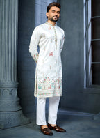 Prazu Fashion Off White Soft Silk Multi Thread Embroidery Deer Pattern Daaman Concept Kurta | Grocsy