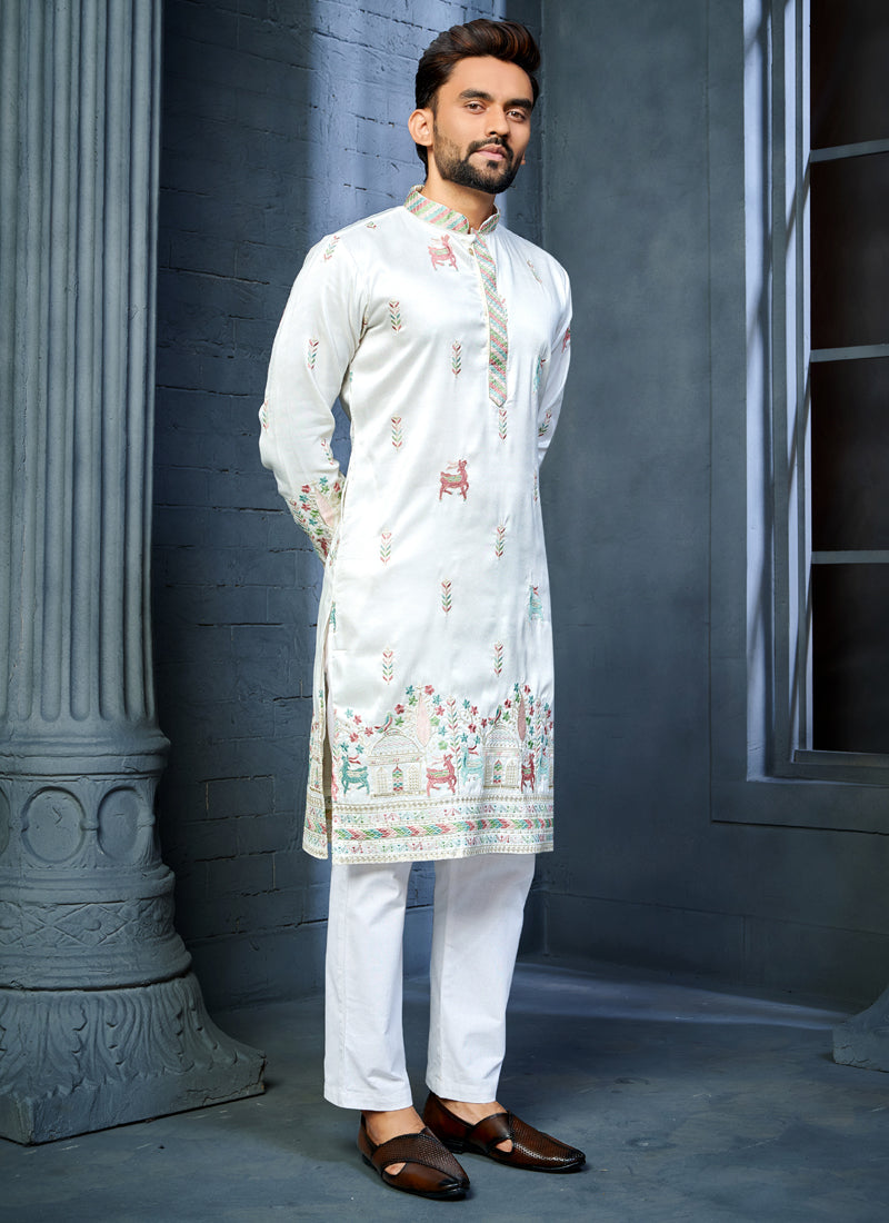 Prazu Fashion Off White Soft Silk Multi Thread Embroidery Deer Pattern Daaman Concept Kurta | Grocsy
