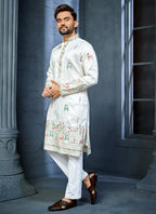 Prazu Fashion Off White Soft Silk Multi Thread Embroidery Deer Pattern Daaman Concept Kurta | Grocsy