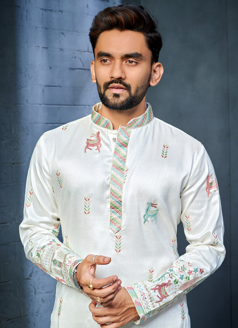 Prazu Fashion Off White Soft Silk Multi Thread Embroidery Deer Pattern Daaman Concept Kurta | Grocsy