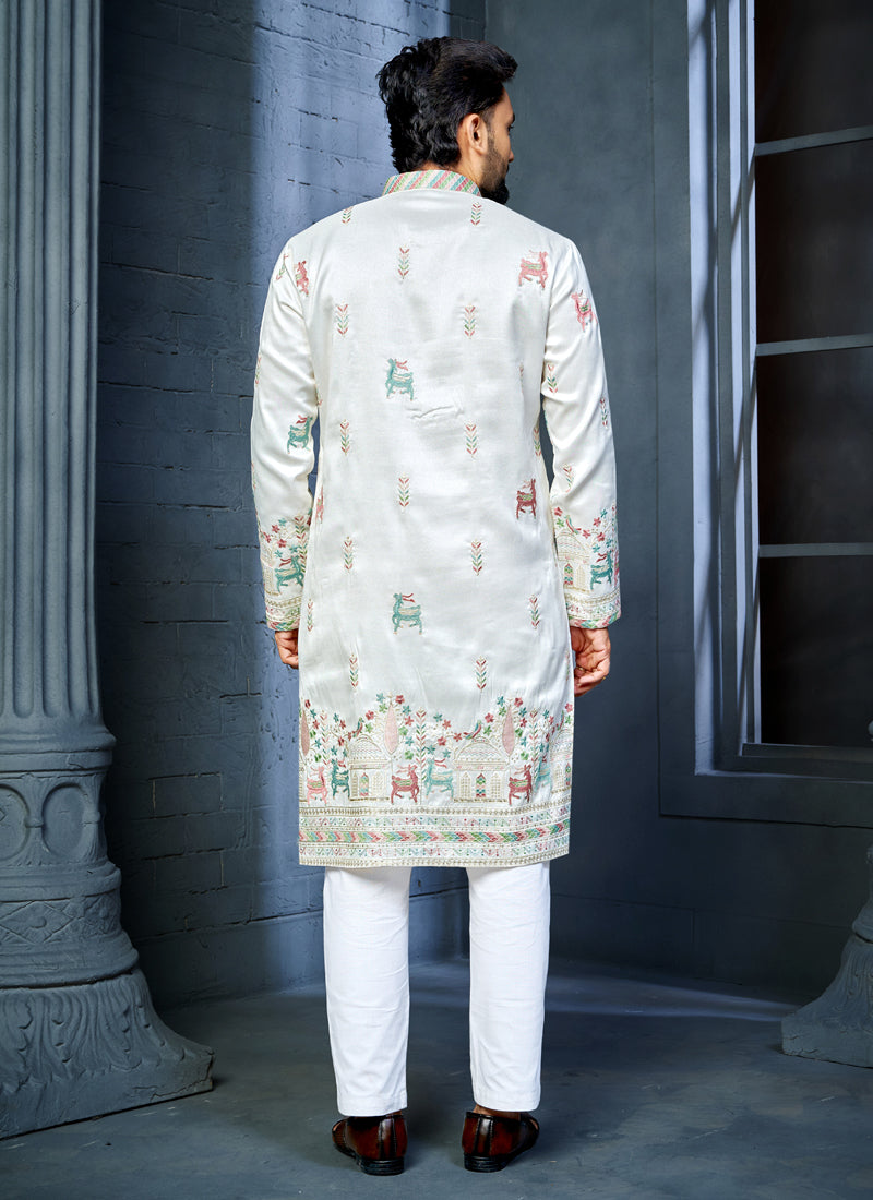 Prazu Fashion Off White Soft Silk Multi Thread Embroidery Deer Pattern Daaman Concept Kurta | Grocsy