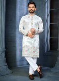 Prazu Fashion Off White Soft Silk Multi Thread Embroidery Deer Pattern Daaman Concept Kurta | Grocsy