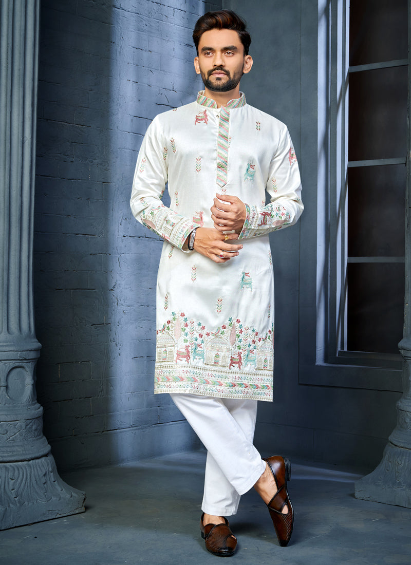 Prazu Fashion Off White Soft Silk Multi Thread Embroidery Deer Pattern Daaman Concept Kurta | Grocsy