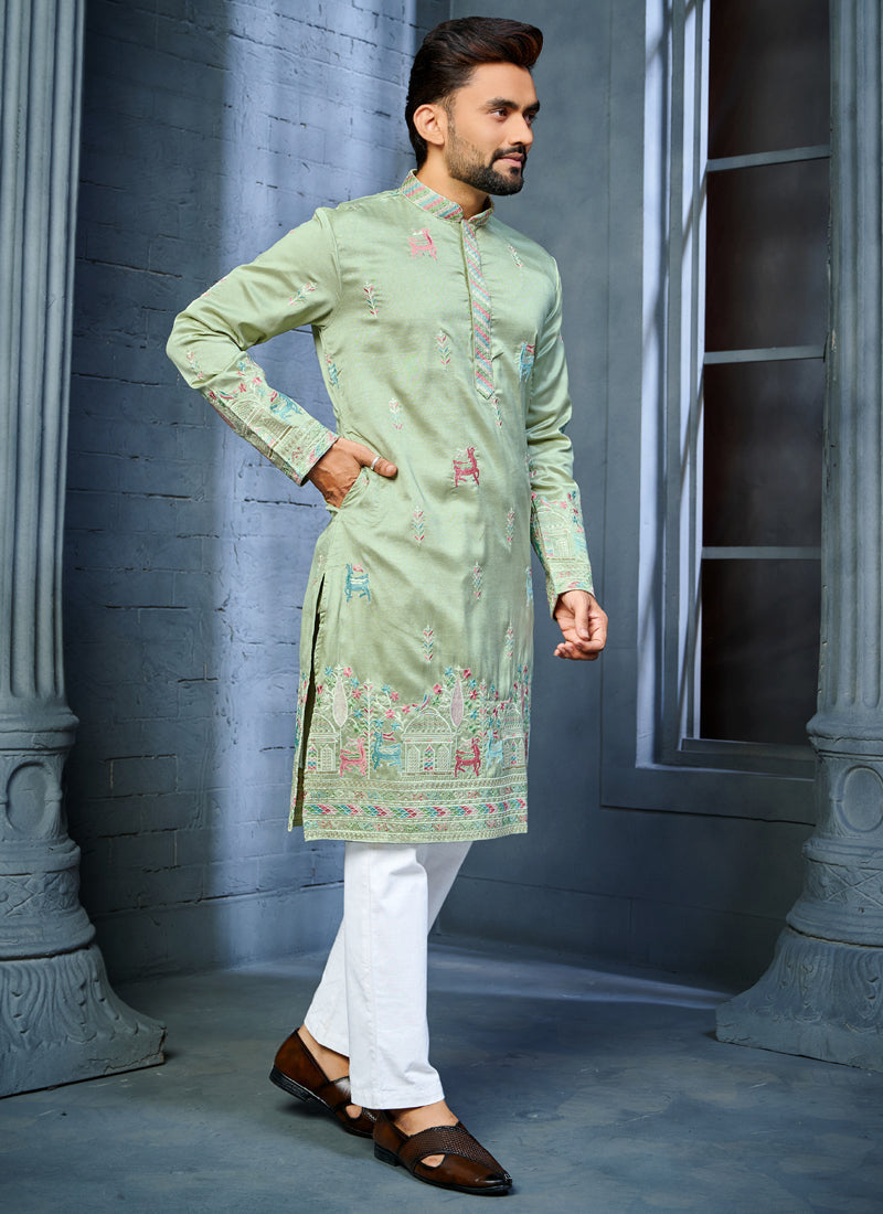 Prazu Fashion Pista Soft Silk Multi Thread Embroidery Deer Pattern Daaman Concept Kurta | Grocsy