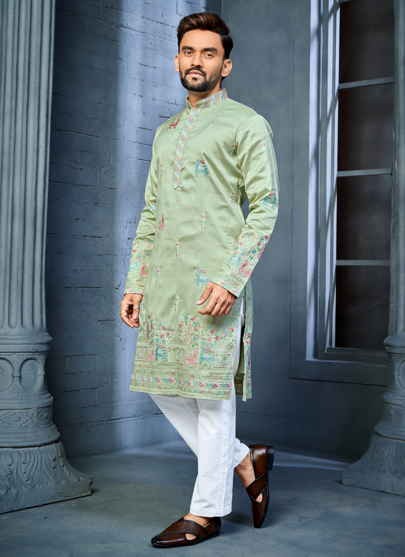 Prazu Fashion Pista Soft Silk Multi Thread Embroidery Deer Pattern Daaman Concept Kurta | Grocsy