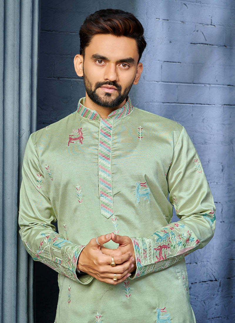 Prazu Fashion Pista Soft Silk Multi Thread Embroidery Deer Pattern Daaman Concept Kurta | Grocsy