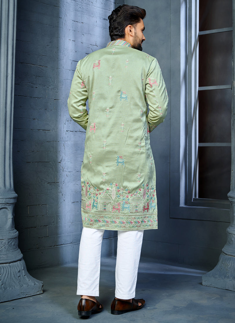 Prazu Fashion Pista Soft Silk Multi Thread Embroidery Deer Pattern Daaman Concept Kurta | Grocsy