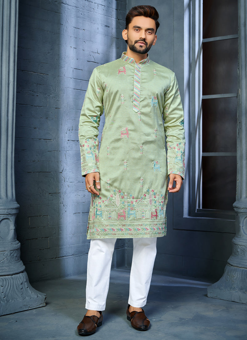 Prazu Fashion Pista Soft Silk Multi Thread Embroidery Deer Pattern Daaman Concept Kurta | Grocsy