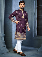 Prazu Fashion Purple Soft Silk Multi Thread Embroidery Deer Pattern Daaman Concept Kurta | Grocsy