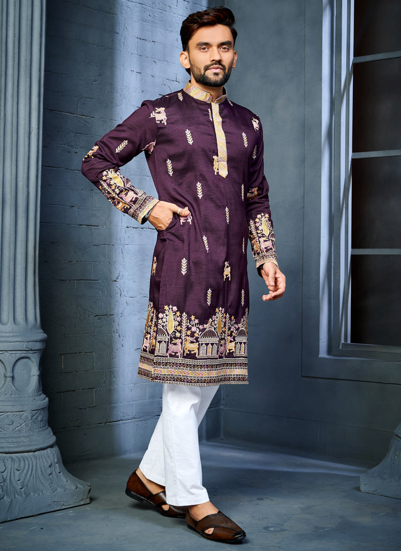 Prazu Fashion Purple Soft Silk Multi Thread Embroidery Deer Pattern Daaman Concept Kurta | Grocsy