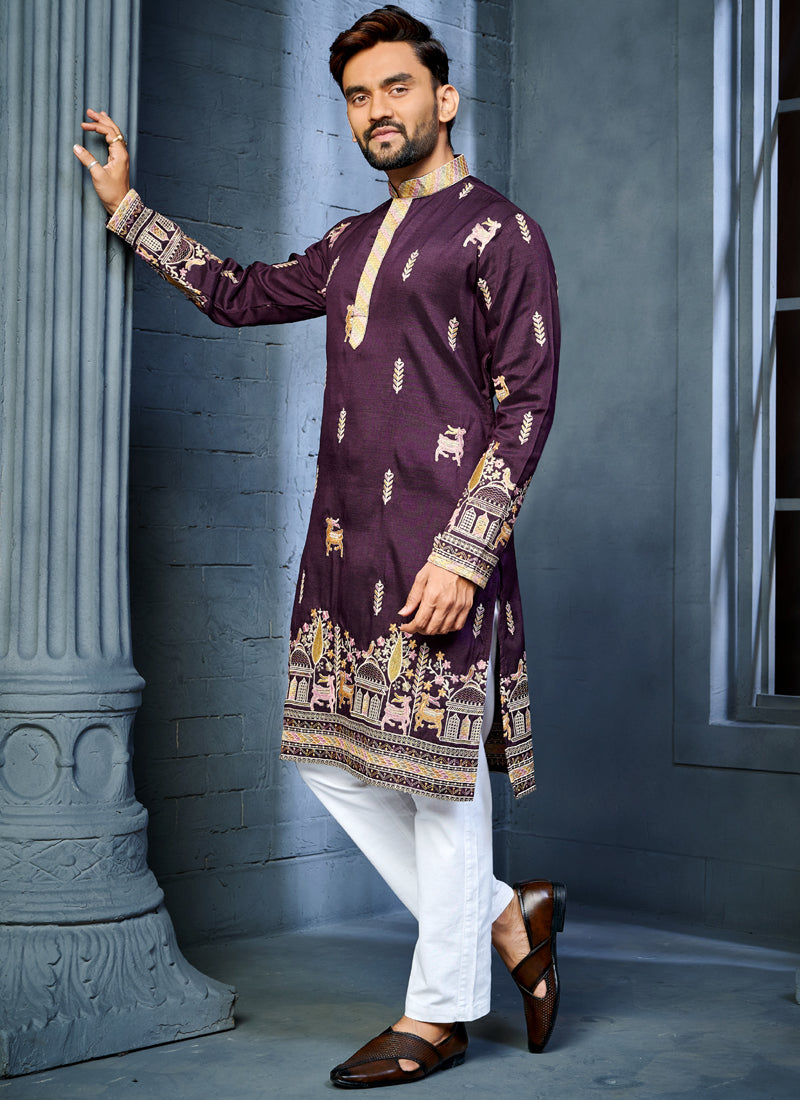 Prazu Fashion Purple Soft Silk Multi Thread Embroidery Deer Pattern Daaman Concept Kurta | Grocsy