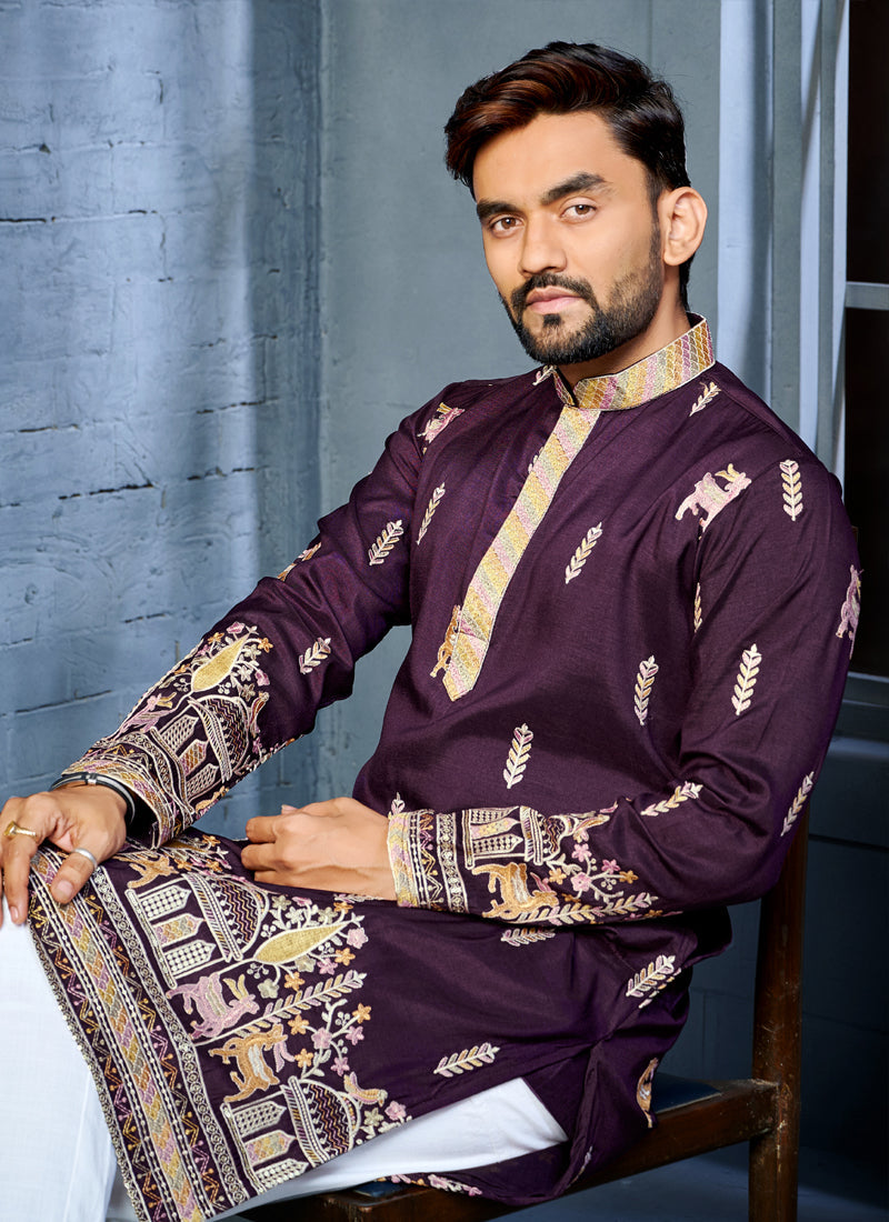 Prazu Fashion Purple Soft Silk Multi Thread Embroidery Deer Pattern Daaman Concept Kurta | Grocsy