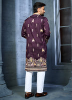 Prazu Fashion Purple Soft Silk Multi Thread Embroidery Deer Pattern Daaman Concept Kurta | Grocsy
