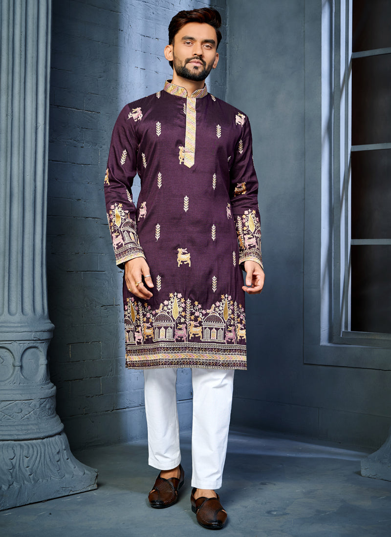 Prazu Fashion Purple Soft Silk Multi Thread Embroidery Deer Pattern Daaman Concept Kurta | Grocsy
