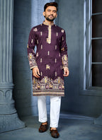Prazu Fashion Purple Soft Silk Multi Thread Embroidery Deer Pattern Daaman Concept Kurta | Grocsy