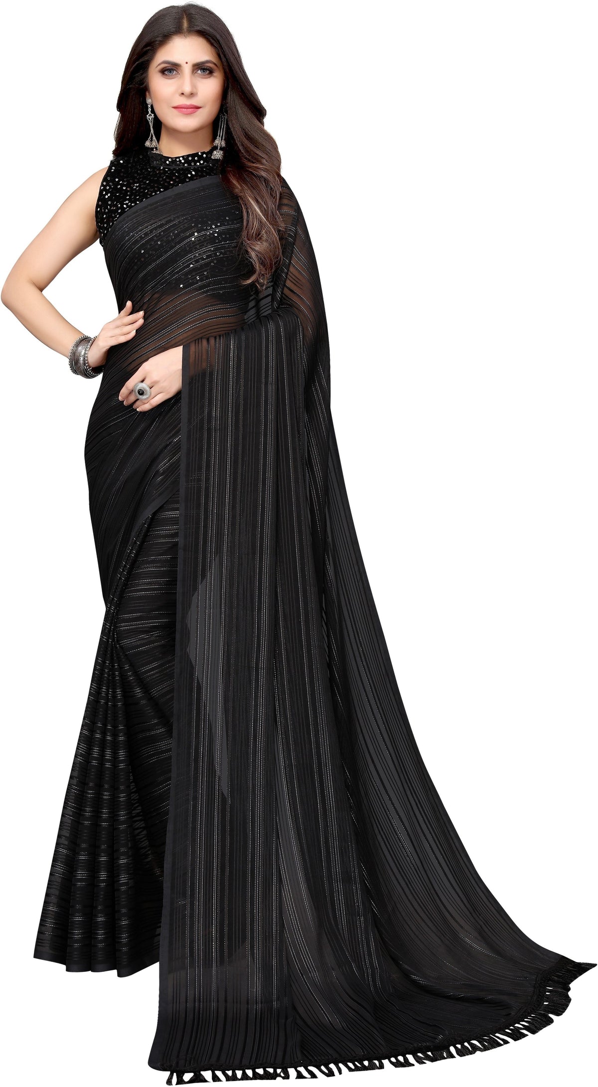 Vamika Georgette With Sequence Black Light Weight Trendy Look Bollywood Style Saree | Grocsy