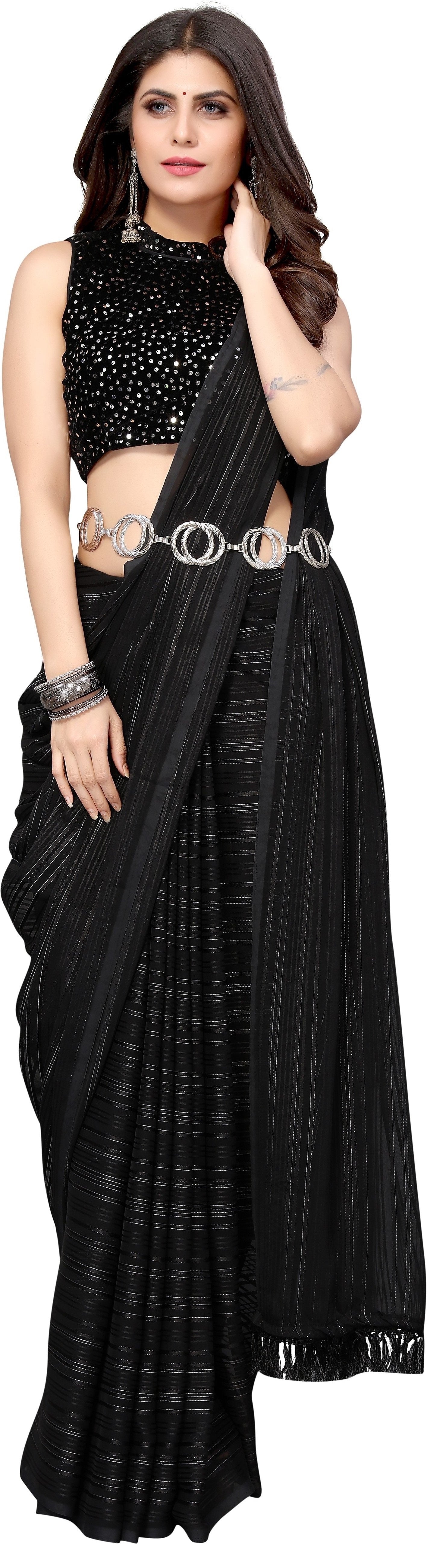 Vamika Georgette With Sequence Black Light Weight Trendy Look Bollywood Style Saree | Grocsy