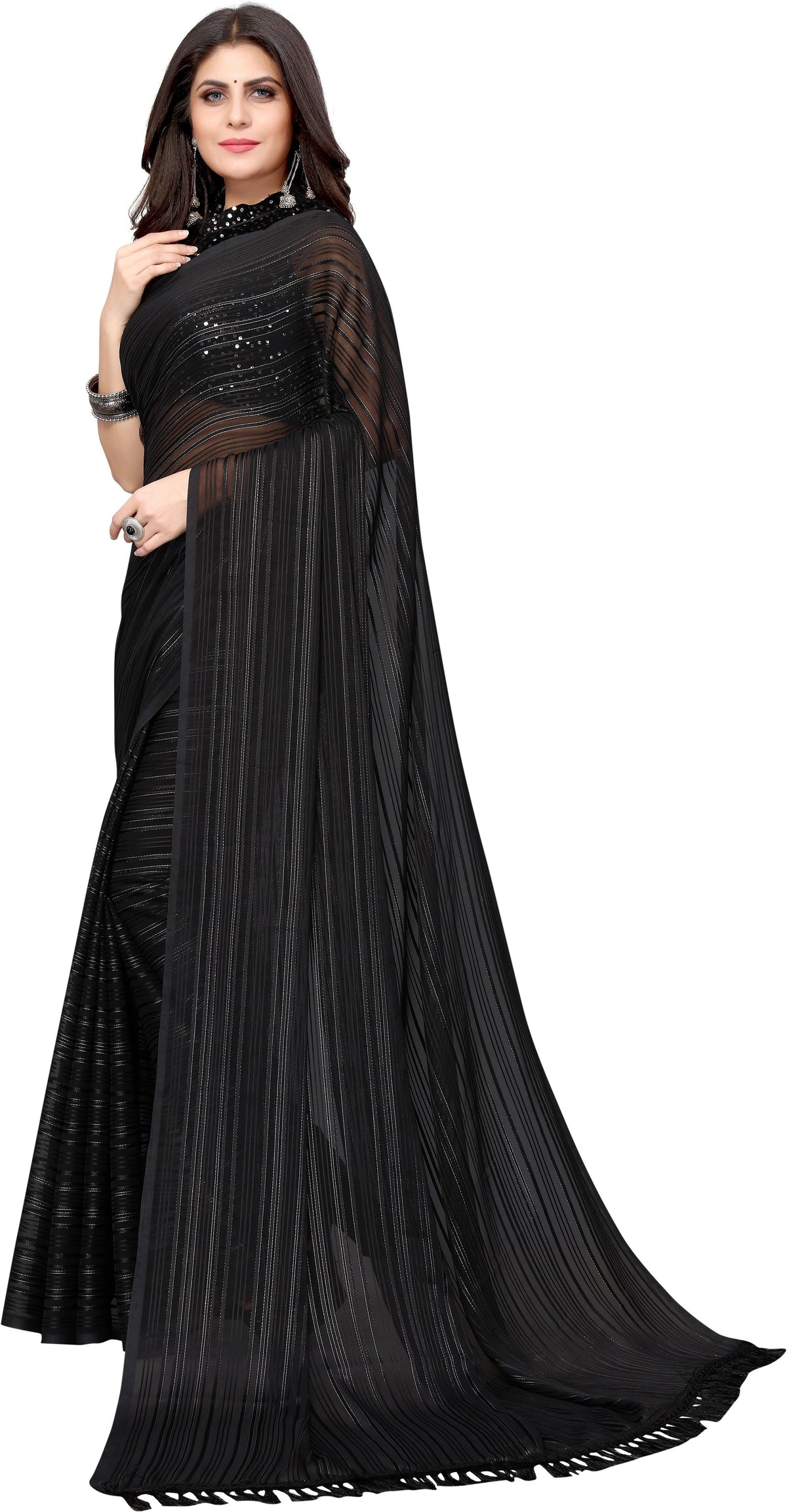 Vamika Georgette With Sequence Black Light Weight Trendy Look Bollywood Style Saree | Grocsy