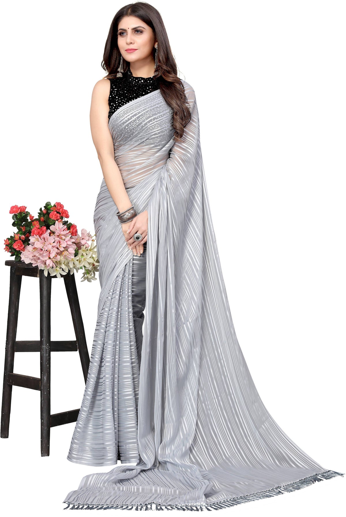 Vamika Georgette With Sequence Grey Light Weight Trendy Look Bollywood Style Saree | Grocsy