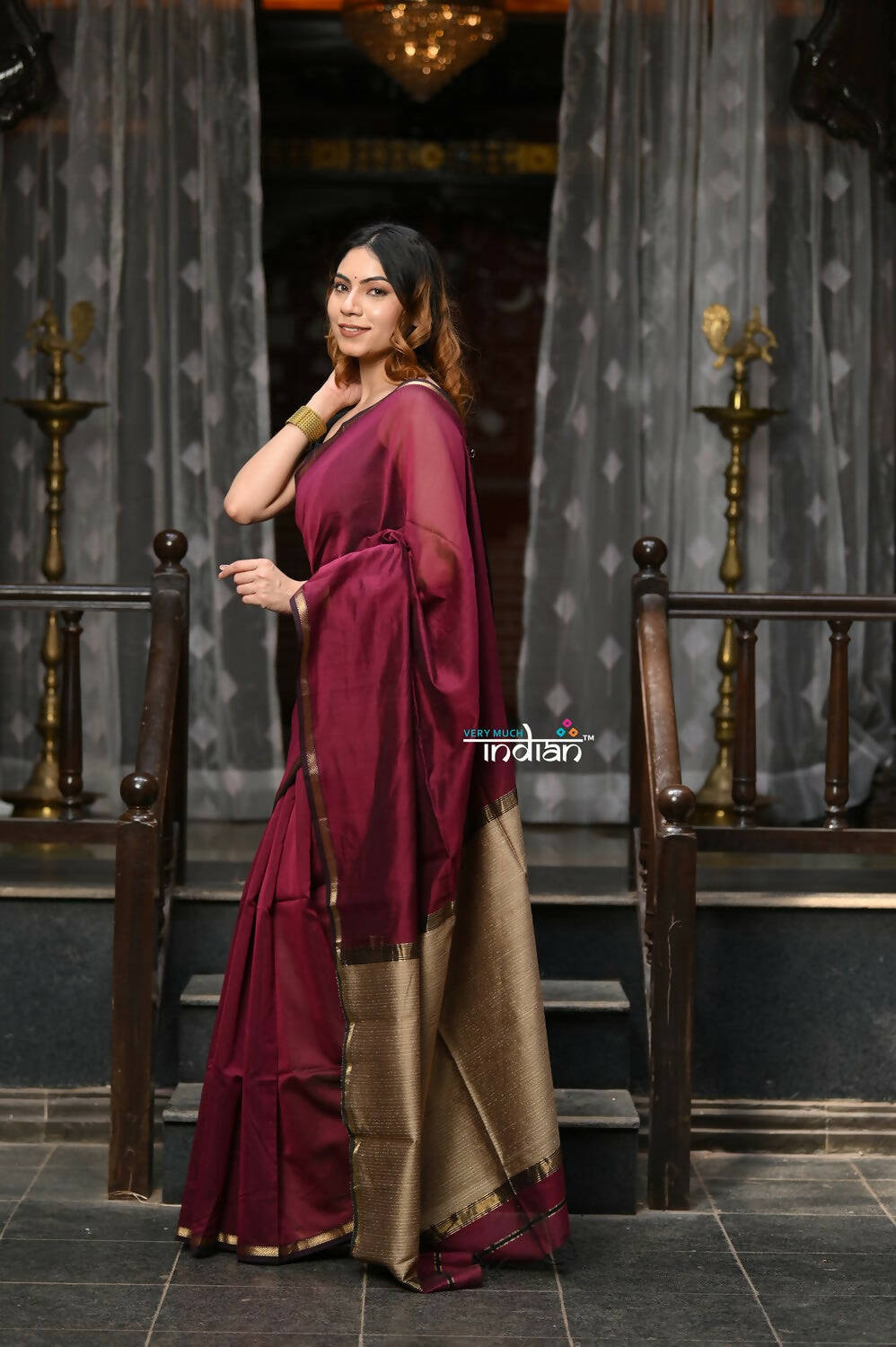 Very Much Indian VMI Exclusive Designer! Handloom Cotton Silk Saree With Sleek Golden Border - Maroon Shade | Grocsy