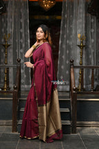 Very Much Indian VMI Exclusive Designer! Handloom Cotton Silk Saree With Sleek Golden Border - Maroon Shade | Grocsy