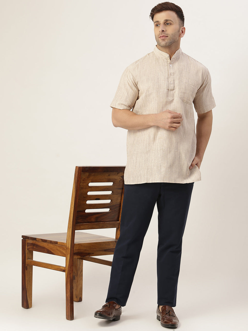 RIAG Men's Beige Cotton Long Ethnic Kurta | Grocsy