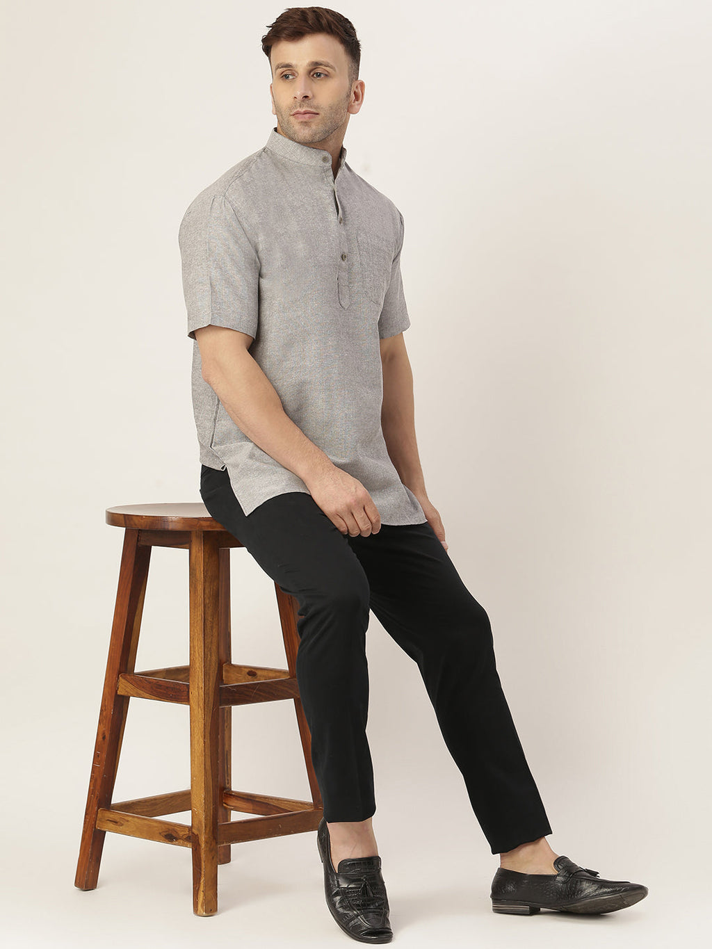 RIAG Men's Grey Cotton Short Ethnic Kurta | Grocsy