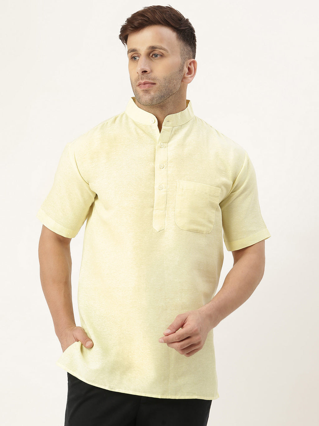 RIAG Men's Yellow Cotton Short Ethnic Kurta | Grocsy