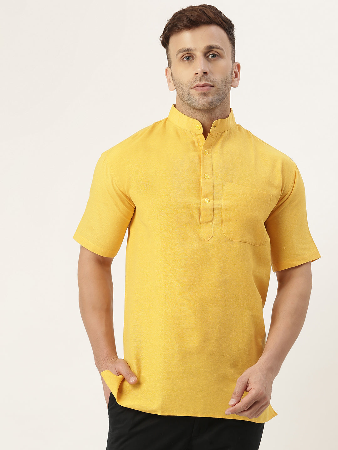RIAG Men's Yellow Cotton Short Ethnic Kurta | Grocsy