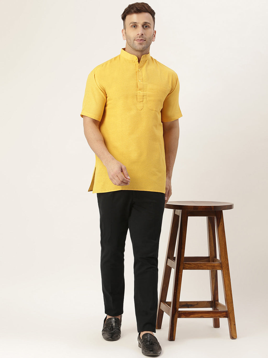 RIAG Men's Yellow Cotton Short Ethnic Kurta | Grocsy