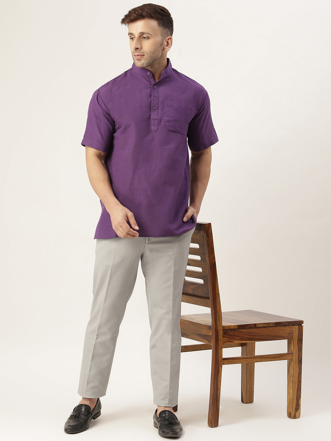 RIAG Men's Purple Cotton Short Ethnic Kurta | Grocsy