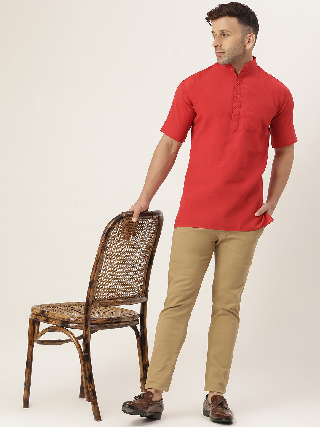 RIAG Men's Red Cotton Short Ethnic Kurta | Grocsy