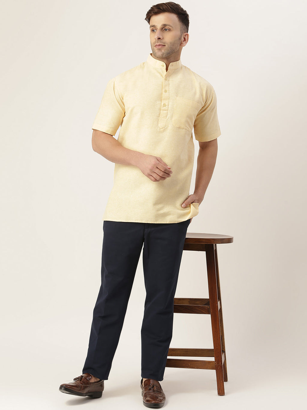 RIAG Men's Beige Cotton Short Ethnic Kurta | Grocsy