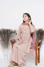 Little Bansi Floral Shiffli Kurta With Plazzo And Dupatta - Brown | Grocsy