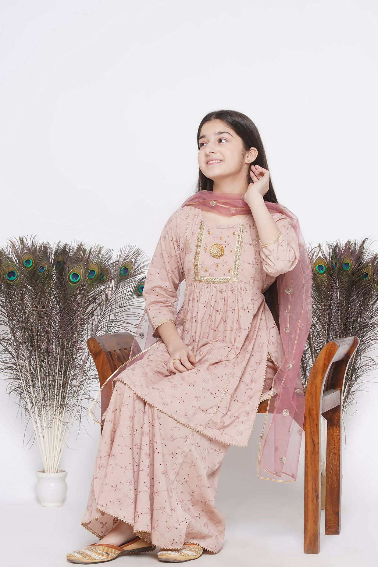 Little Bansi Floral Shiffli Kurta With Plazzo And Dupatta - Brown | Grocsy
