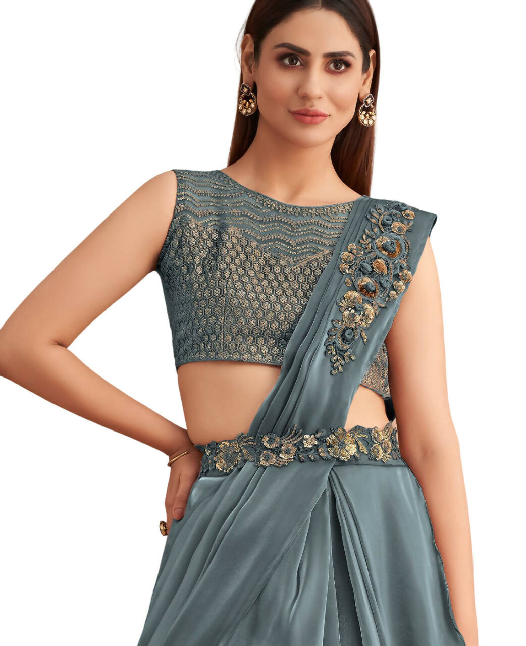 Blue Satin Embroidered Ready To Wear Saree With Unstitched Blouse Piece - Nandika | Grocsy