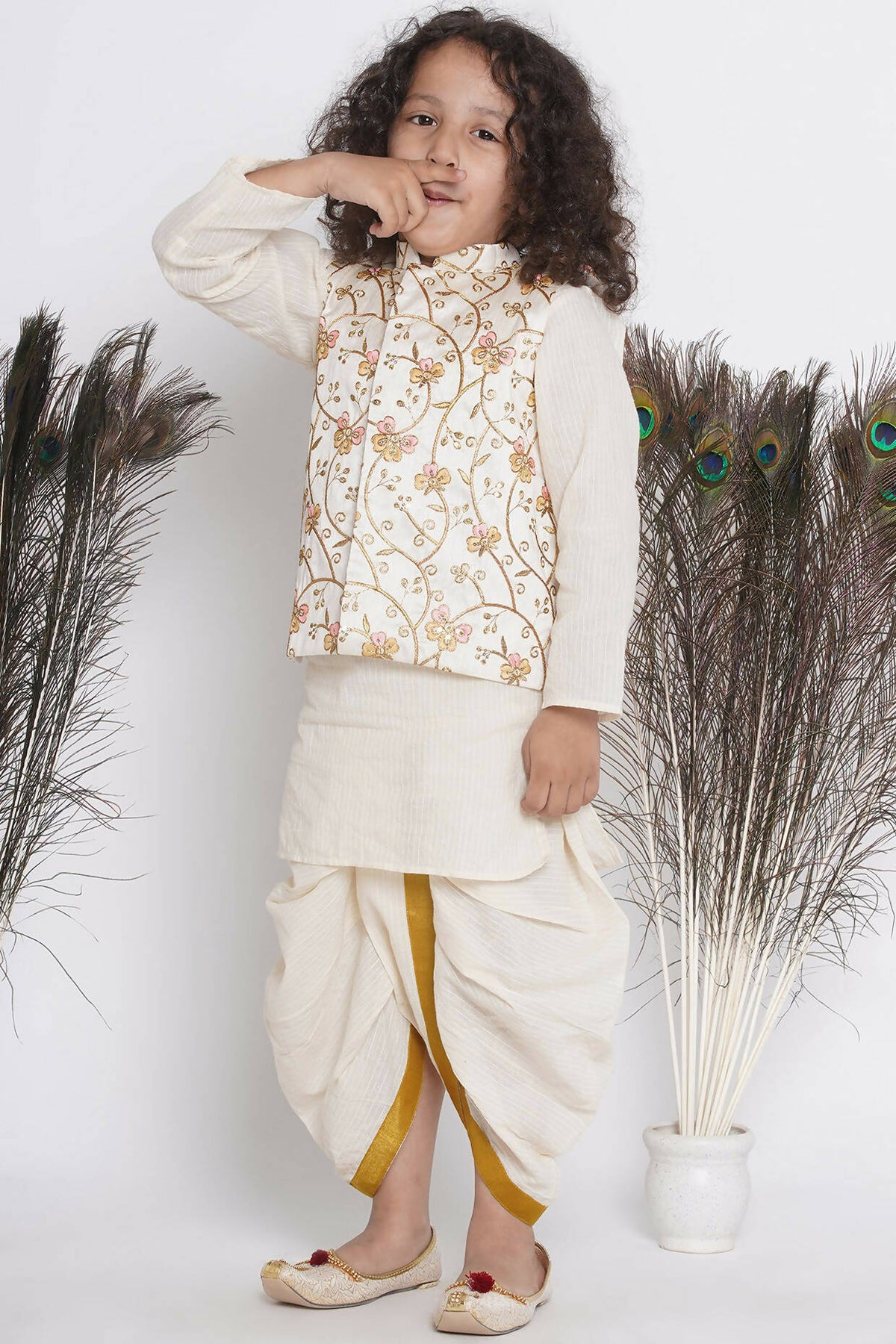 Little Bansi Banarsi Silk Orange Pink Floral Embroidery Jacket With Cotton Kantha kurta And Kantha Dhoti - Cream | Grocsy