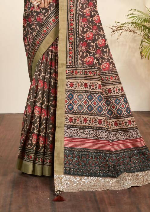 Brown Bhagalpuri Silk Floral Print with Hand work & Stone Work Border Saree - Norita Nirvi | Grocsy