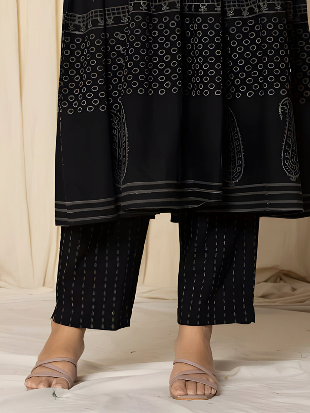 Printed Cotton Anarkali Kurta With Pant & Dupatta, Black - Hiral Fashion | Grocsy