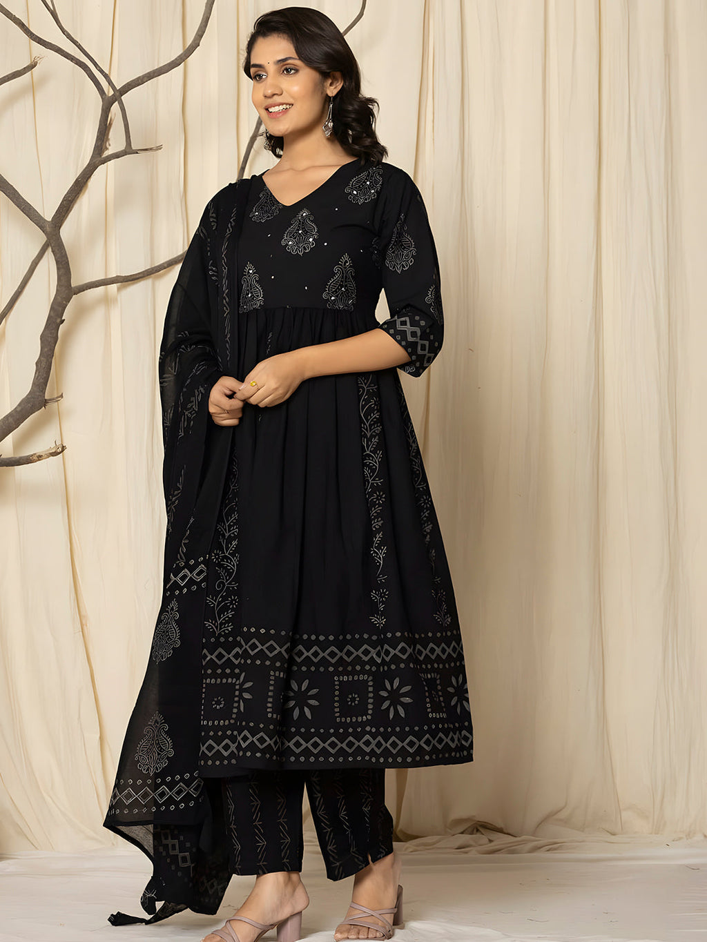 Printed Cotton Anarkali Kurta With Pant & Dupatta, Black - Hiral Fashion | Grocsy