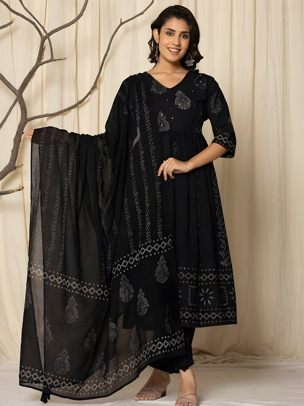 Printed Cotton Anarkali Kurta With Pant & Dupatta, Black - Hiral Fashion | Grocsy