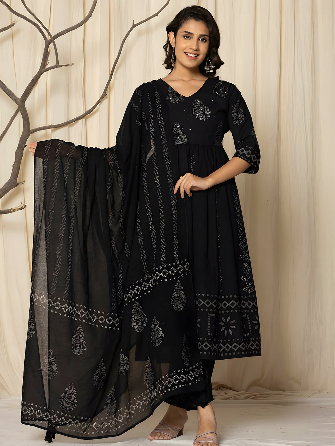Printed Cotton Anarkali Kurta With Pant & Dupatta, Black - Hiral Fashion | Grocsy