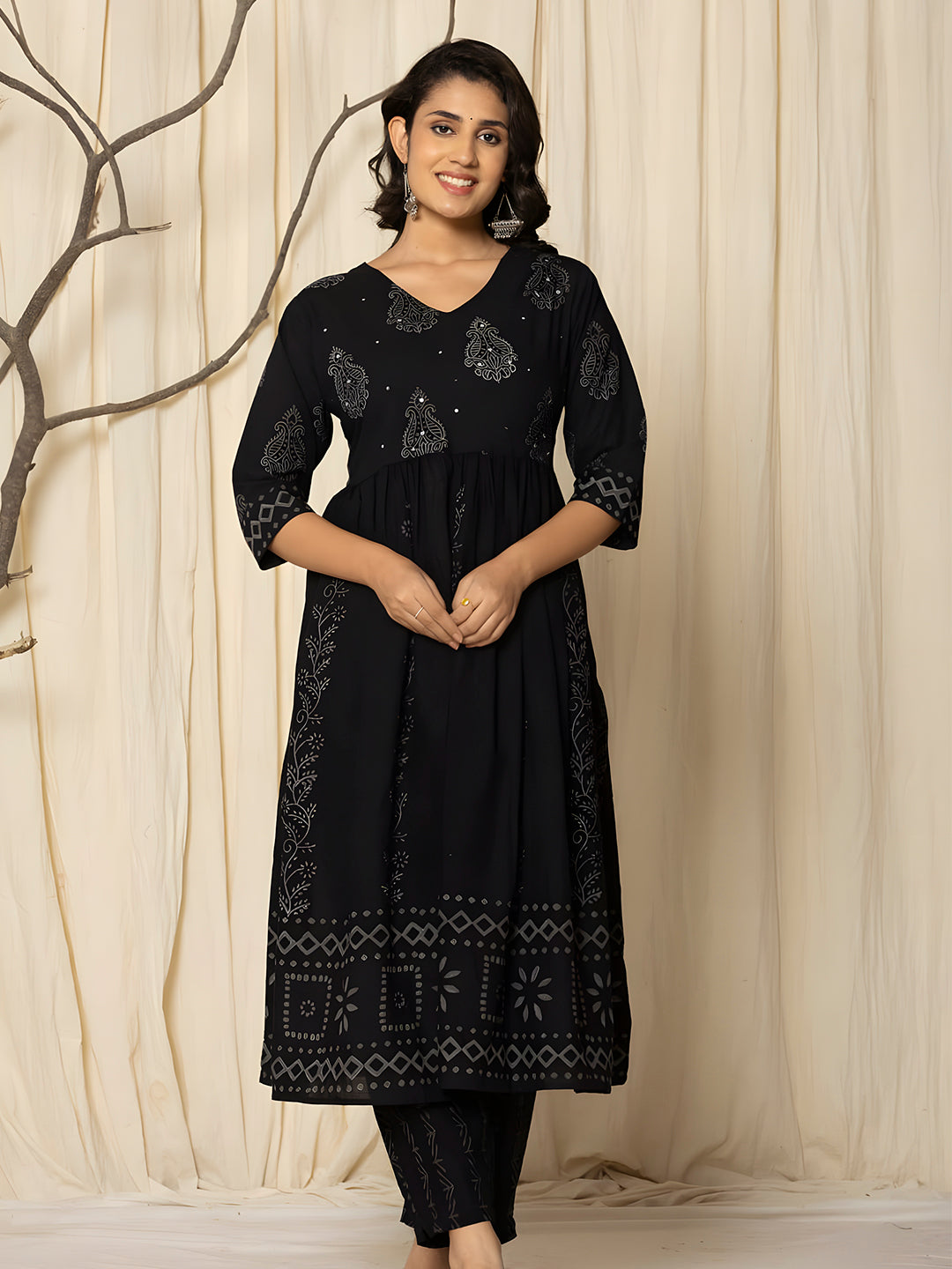 Printed Cotton Anarkali Kurta With Pant & Dupatta, Black - Hiral Fashion | Grocsy