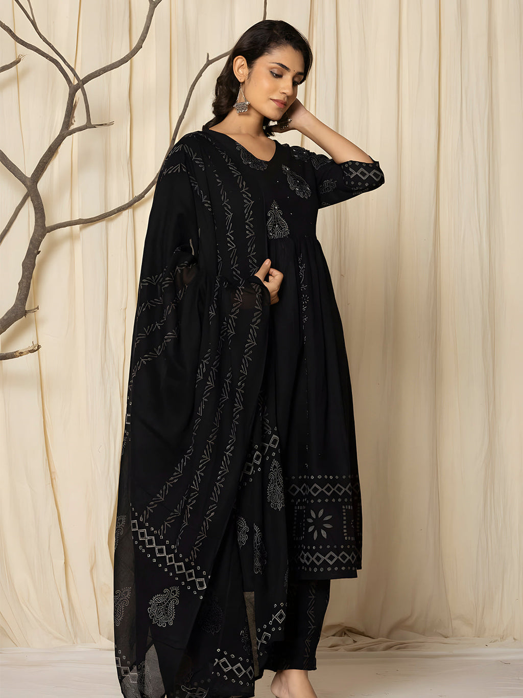 Printed Cotton Anarkali Kurta With Pant & Dupatta, Black - Hiral Fashion | Grocsy