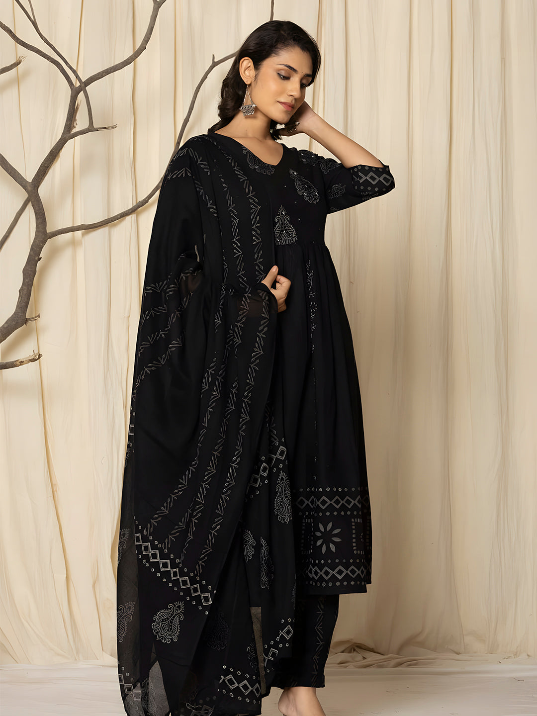 Printed Cotton Anarkali Kurta With Pant & Dupatta, Black - Hiral Fashion | Grocsy