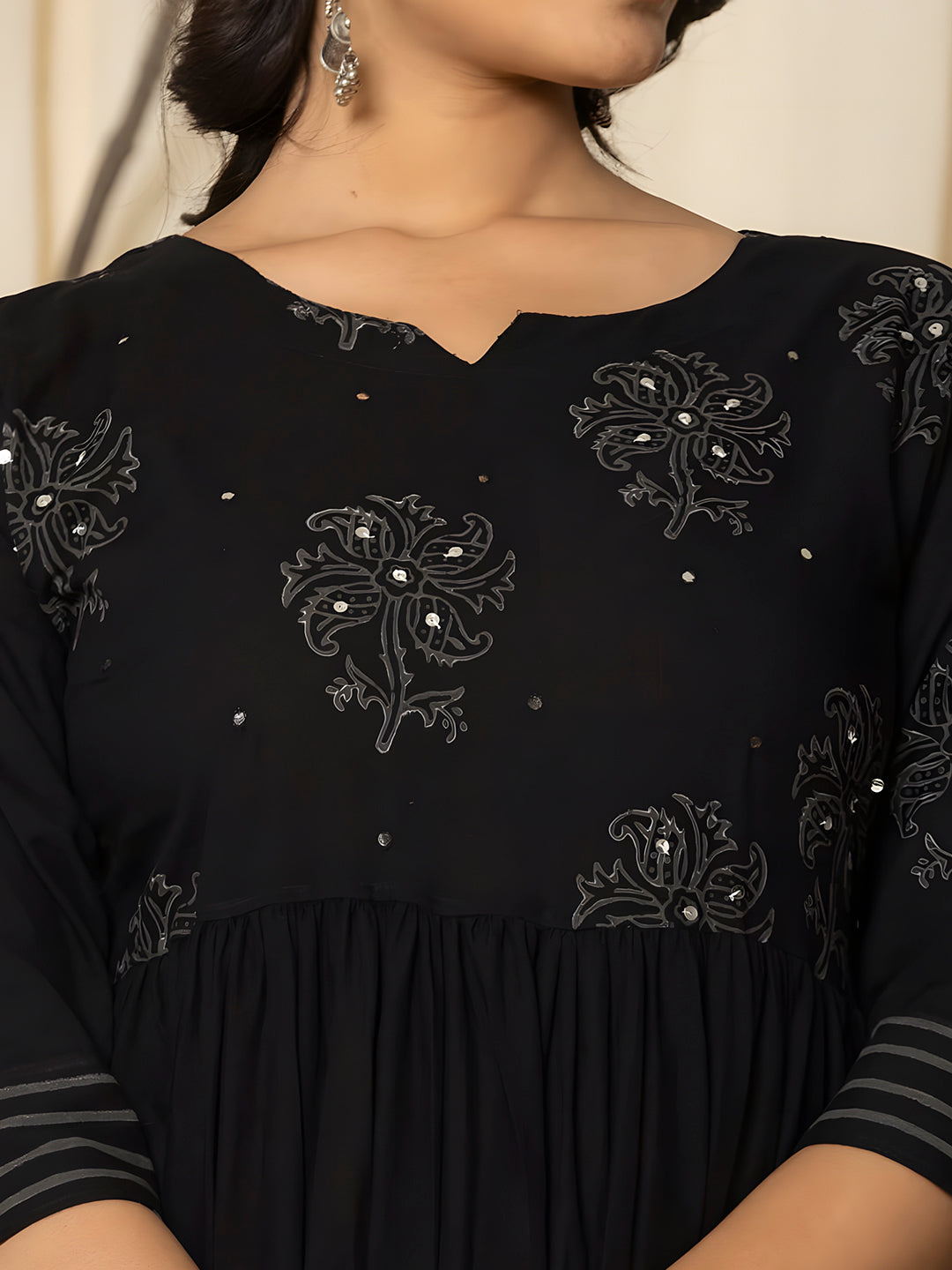 Printed Cotton Anarkali Kurta With Pant & Dupatta, Black - Hiral Fashion | Grocsy