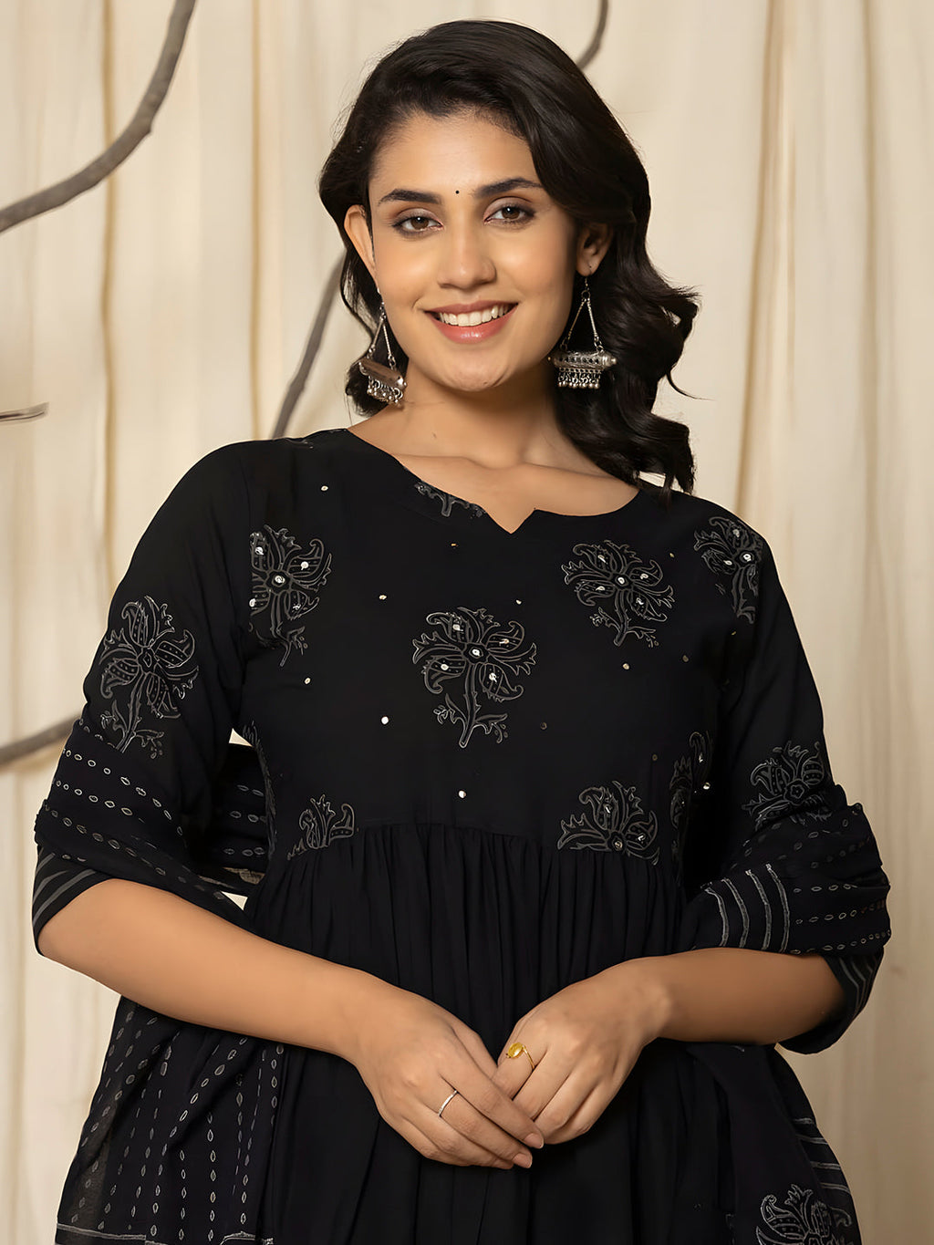 Printed Cotton Anarkali Kurta With Pant & Dupatta, Black - Hiral Fashion | Grocsy